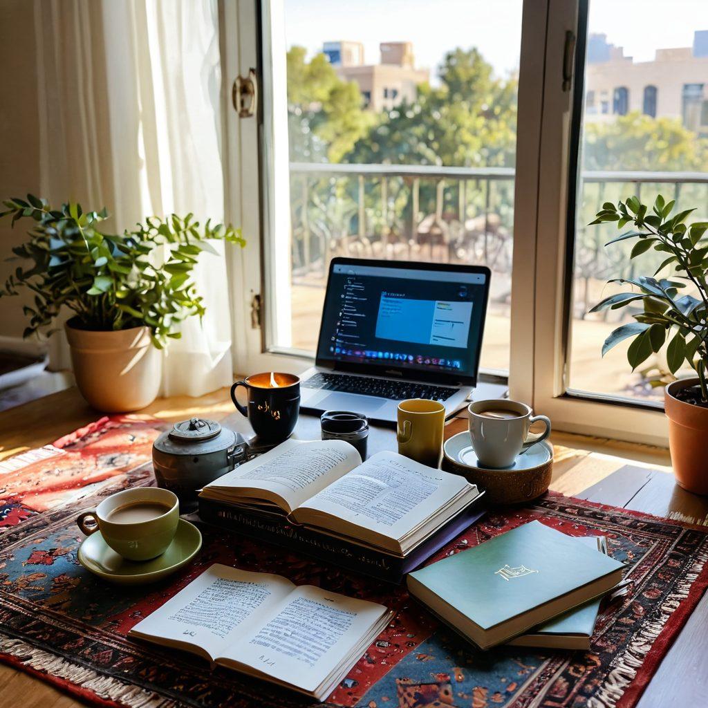 A serene and inviting study space featuring an open Arabic language textbook, surrounded by colorful flashcards and a laptop displaying language learning resources. A steaming cup of Arabic coffee sits nearby, while a decorative rug adds warmth to the ambiance. Sunlight streams through a window, highlighting the space's peaceful atmosphere, perfect for mastering a new language. vibrant colors. cozy interior. super-realistic.