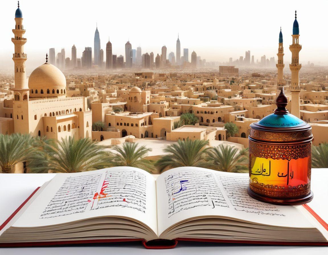 An open Arabic grammar book with colorful pages showing diverse Arabic scripts, surrounded by speech bubbles illustrating conversational phrases. In the background, a vibrant cityscape of an Arabic-speaking country, showcasing cultural elements like markets and architecture. Quills and inkpots rest beside the book, highlighting the blend of tradition and modernity in learning. super-realistic. vibrant colors. white background.