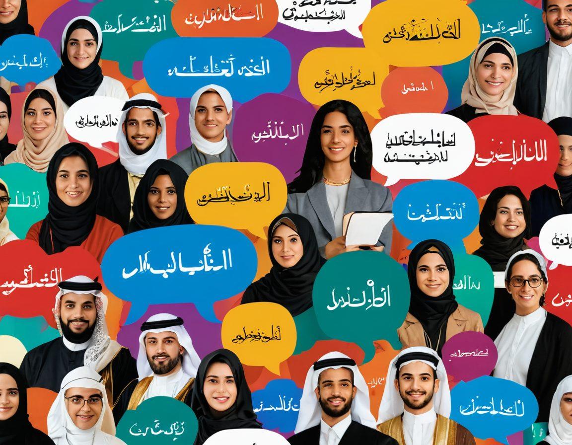 A collage of diverse individuals confidently speaking Arabic in various settings, with colorful speech bubbles containing Arabic phrases and essential resources like books and apps floating around them. In the background, iconic symbols of Arabic culture, such as calligraphy and traditional attire, enhance the scene. Emphasize warmth and inclusivity in the colors. vibrant colors. 3D.